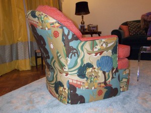 Chair upholstered in Schumacher's Pearl River
