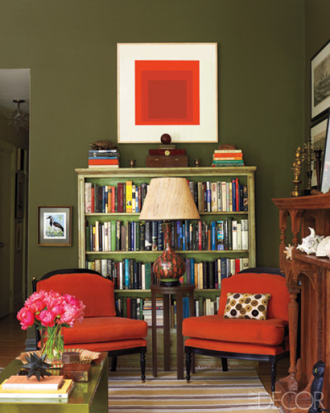 Green living room red chairs Red chairs green walls