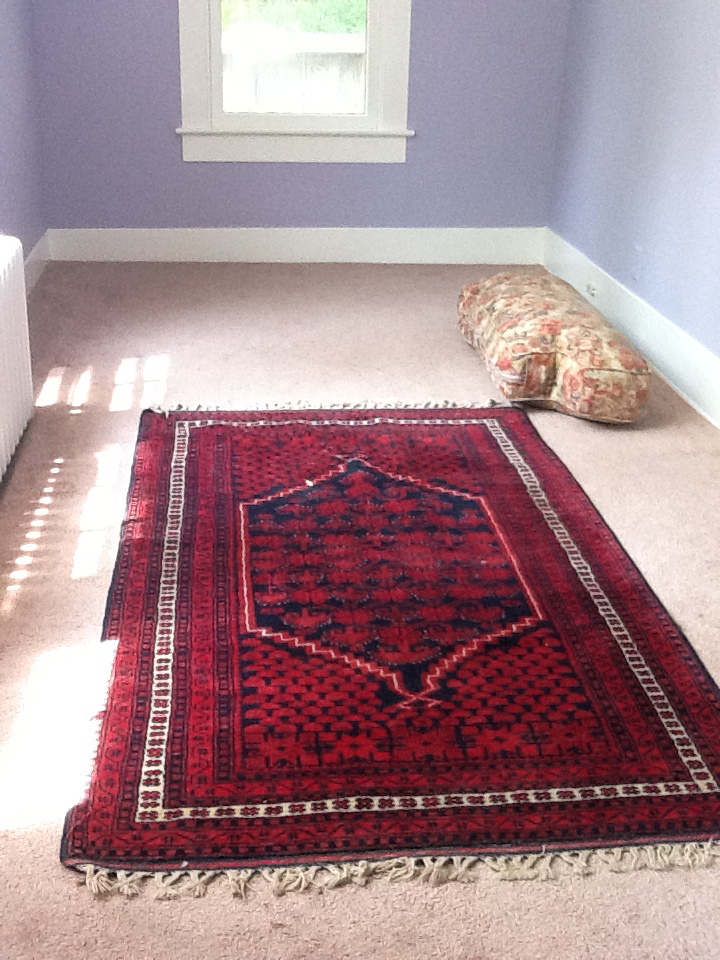 Red Turkish rug with Blue Orchid walls