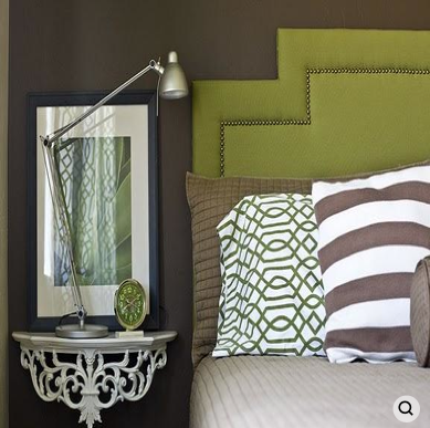 Benjamin Moore's HC-67 Clinton Brown Kiwi green headboard in dry dark brown bedroom