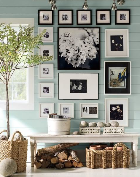 Benjamin Moore's HC-146 Wedgewood Gray Light blue-gray foyer with photographs