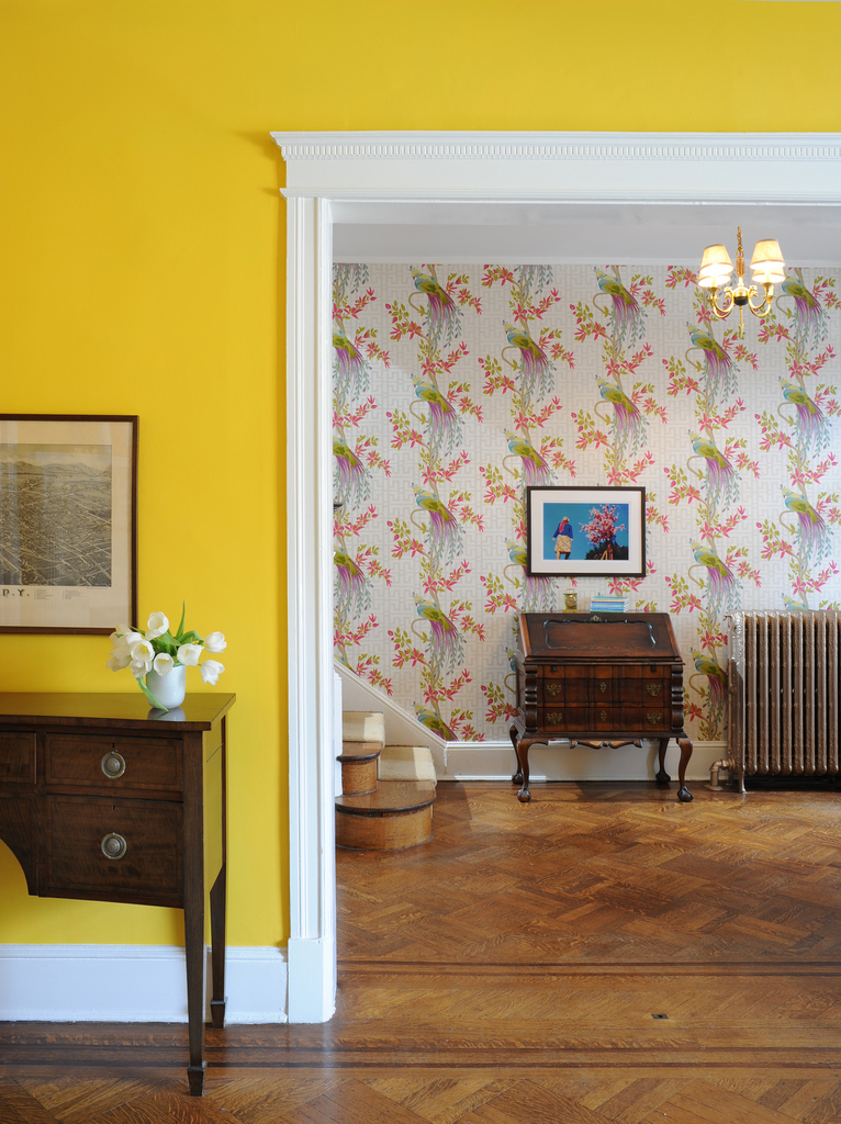 Nina Campbell wallpaper from yellow living room