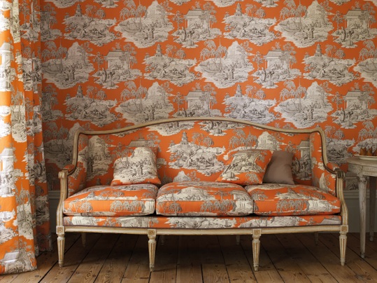 Manuel Canovas orange toile fabric and wallcovering Manuel Canovas orange toile fabric and wallcovering