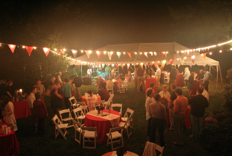 Outdoor garden party with pennants at night