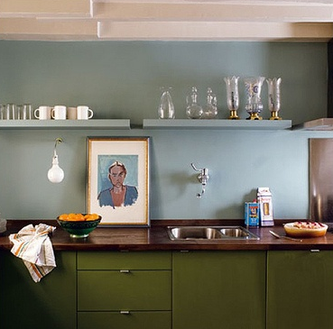 Olive green and light blue kitchen