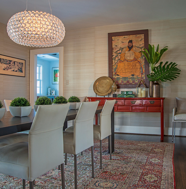 Asian-inspired Dining Room with silk wallcovering