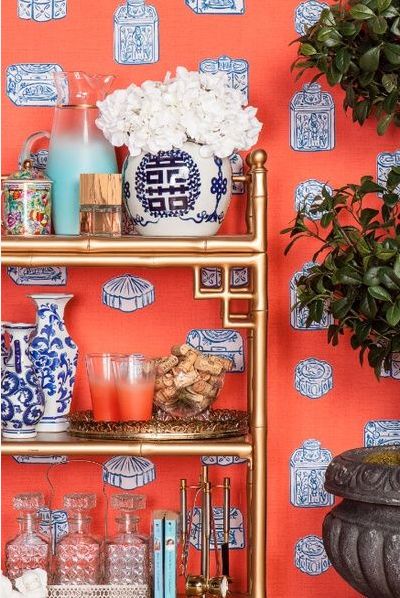Blue and orange wallpaper Chinoiserie