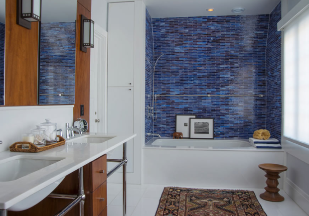 Dark navy blue tiled bathroom