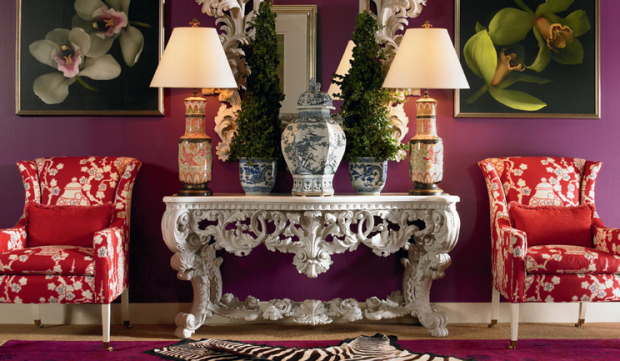 Purple and red Foyer with console table