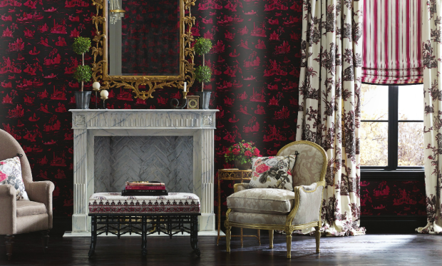 Gray and pink Living Room with toile drapes