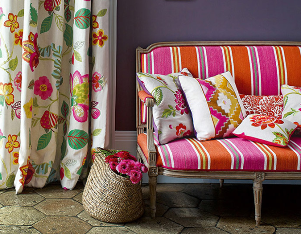 Pink and orange upholstered bench
