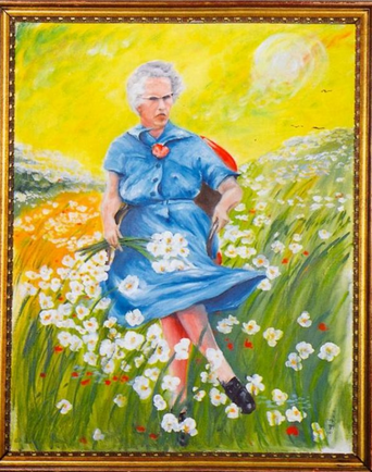 Painting of older woman in a field of flowers