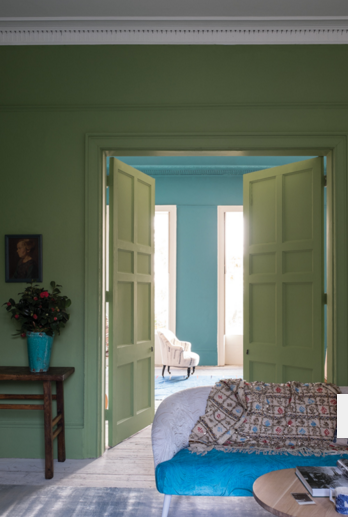 Room with green walls, green trim, green doors, Farrow & Ball
