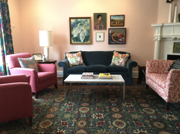Pink living room with gallery wall