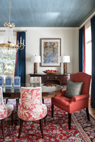 Formal Dining Room with blue grasscloth ceiling