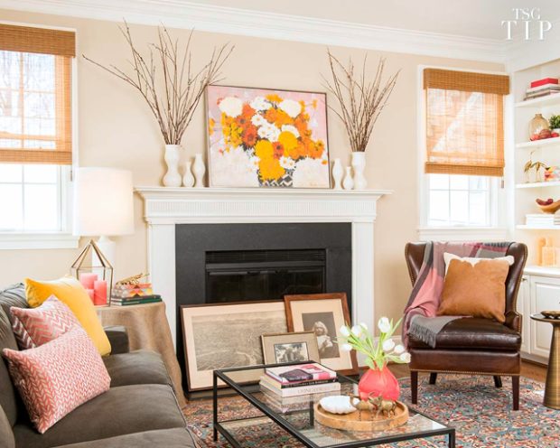 Beige, yellow, pink living room