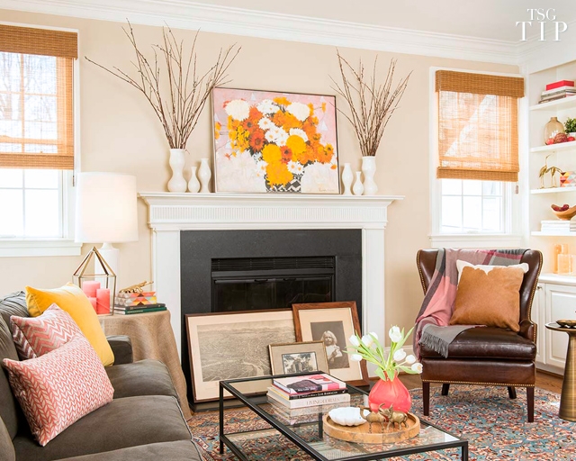 Beige, yellow, pink living room