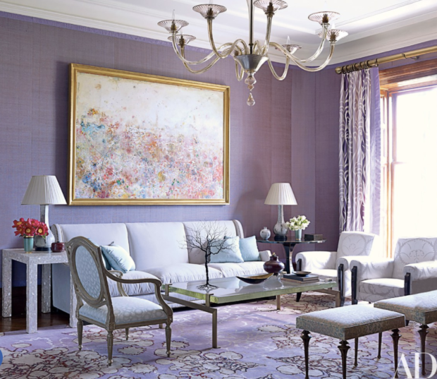 Purple living room with lavender grasscloth on the walls and purple rug