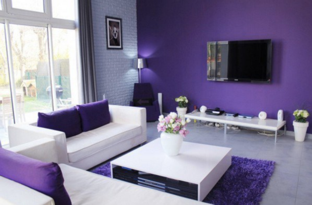 Contemporary purple and white living room with accent wall