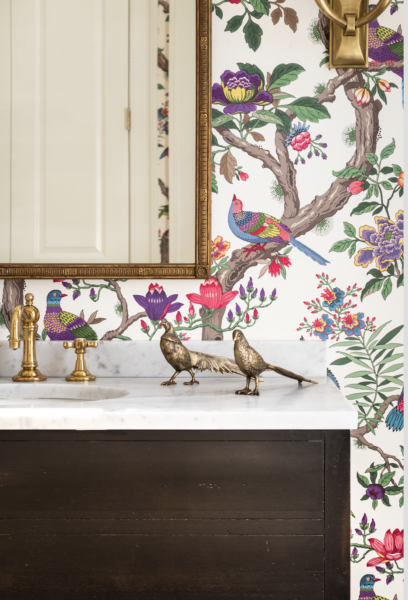 Multi-colored floral wallpaper with brass birds