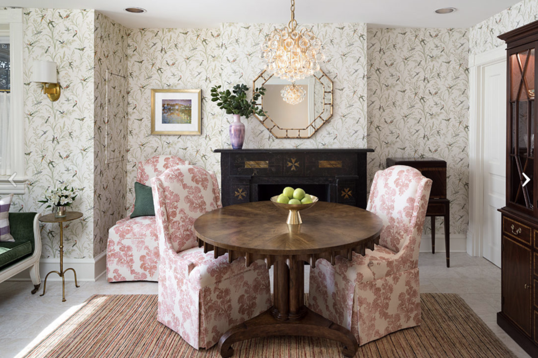 Bright dining room with wallpaper