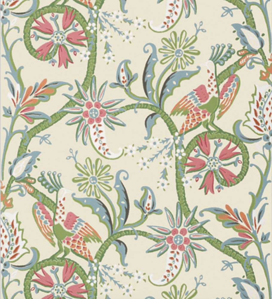 Light yellow, green, and pink floral wallpaper with peacocks and birds