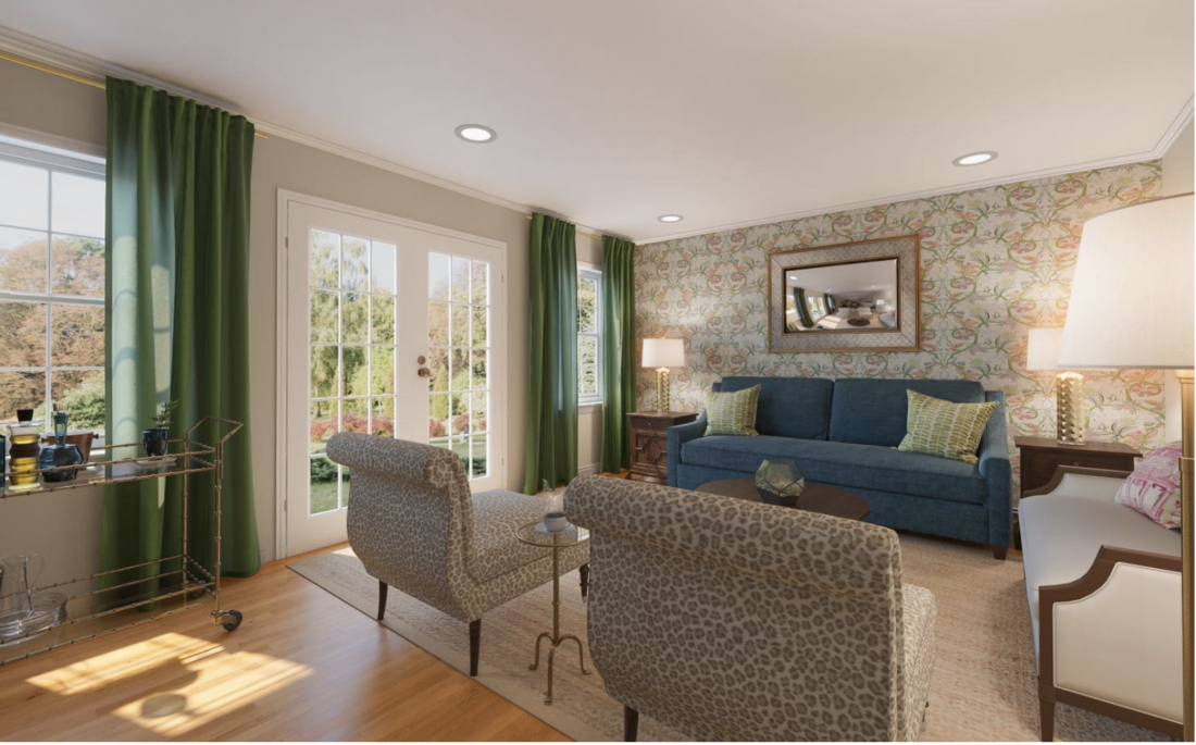 Computer rendering of living room with green drapes and blue sofa
