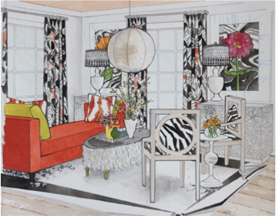 Sample living room watercolor rendering for the Aspire House McLean interior design show house