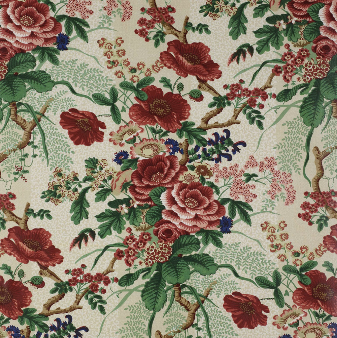 Red and green floral chintz fabric from Cowtan & Tout for designers' show house