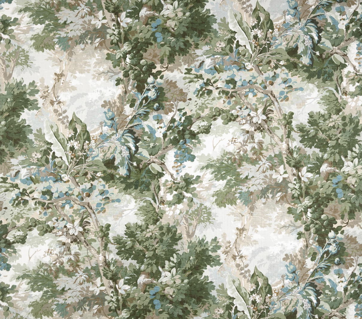 Green and blue floral linen fabric, Rutland, by Cowtan & Tout
