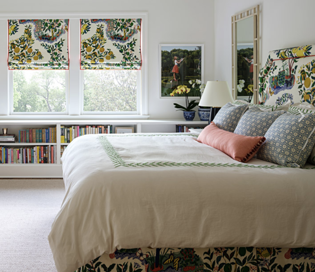 Pretty bedroom with Josef Frank fabric by Annie Elliott Design