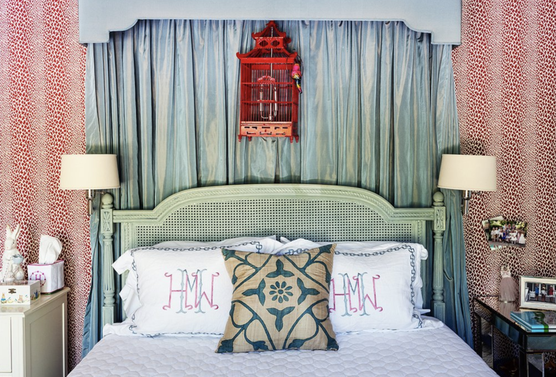 Half canopy bed by Megan Rice Yager in blue and green