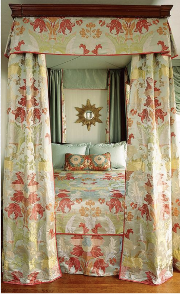 Canopy bed in floral fabric by Mary Douglas Drysdale, head of the selection committee for ASPIRE HOUSE McLean 2020