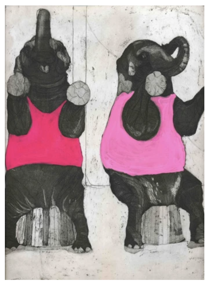 Whimsical drawing of 2 elephants