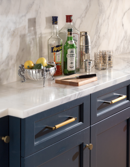 Liquor bottles on a marble counter