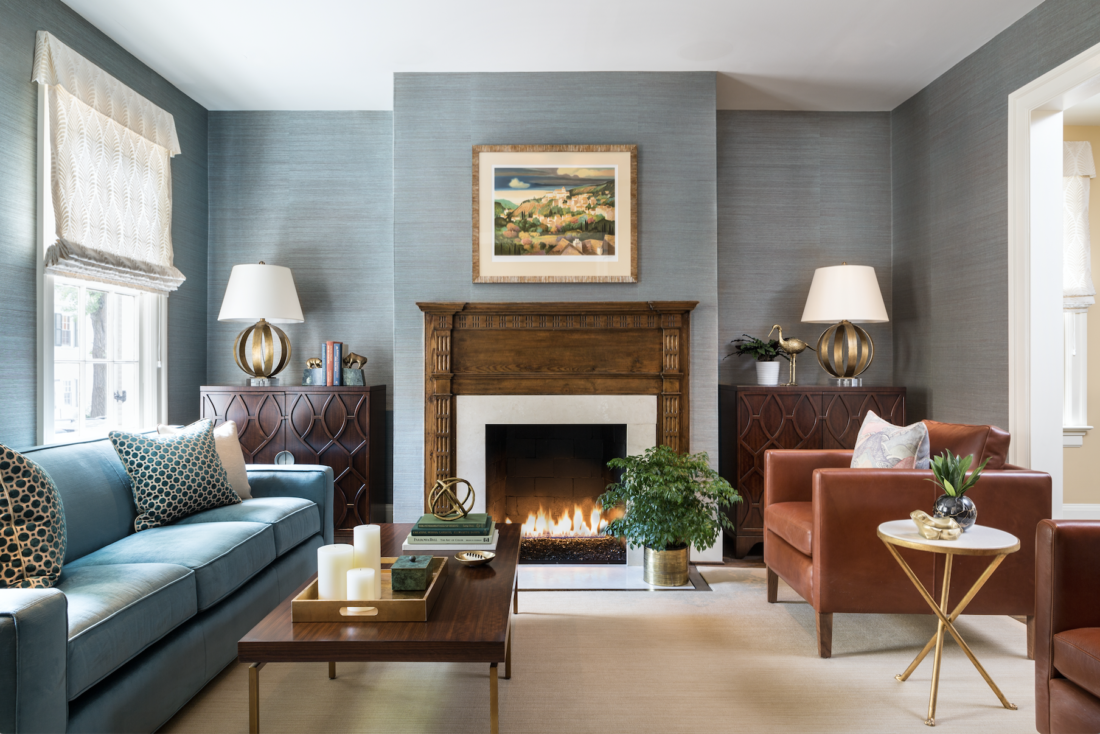 Georgetown living room with blue grasscloth