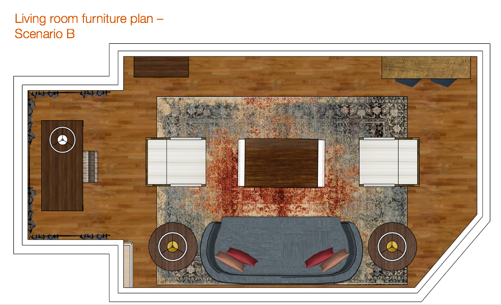 Floor plan of living room seating arrangement with one sofa and two chairs