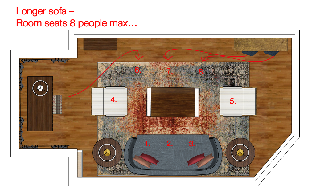 Floor plan of living room seating arrangement with one sofa and two chairs
