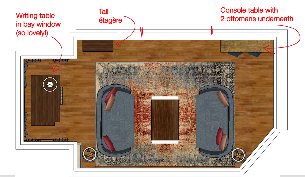 Floor plan of living room seating arrangement with two sofas
