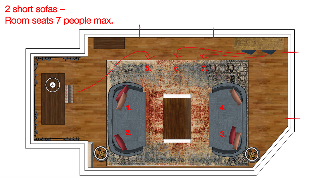 Floor plan of living room seating arrangement with two sofas