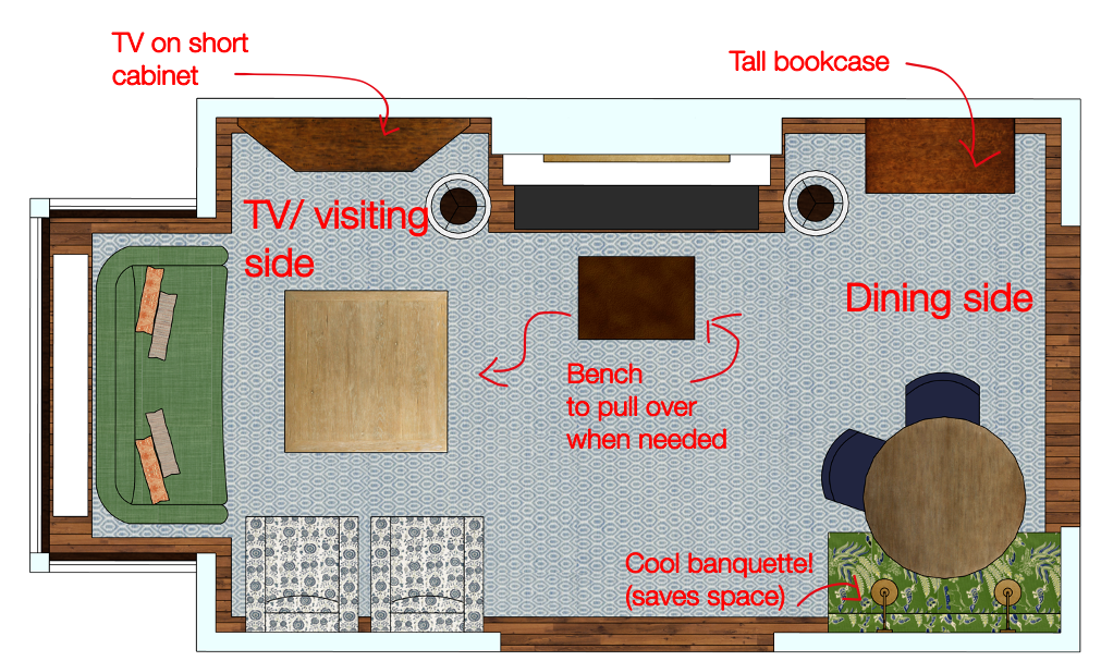 Floor plan with notes of living room seating arrangement with one sofa and two chairs and dining nook