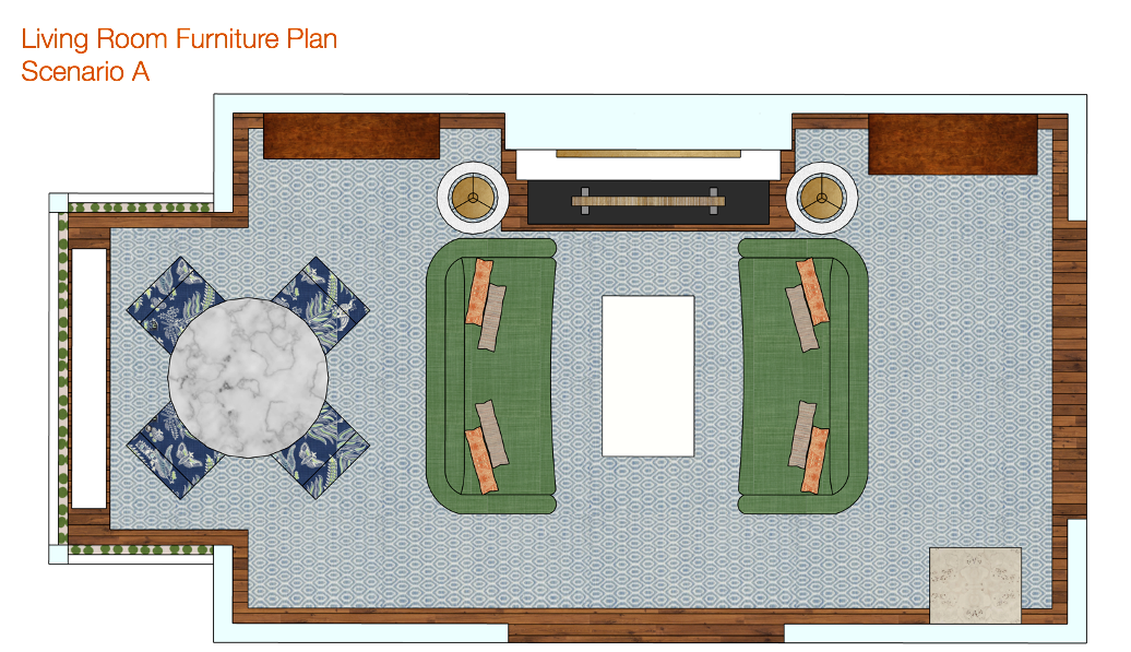 Floor plan of living room seating arrangement with two sofas