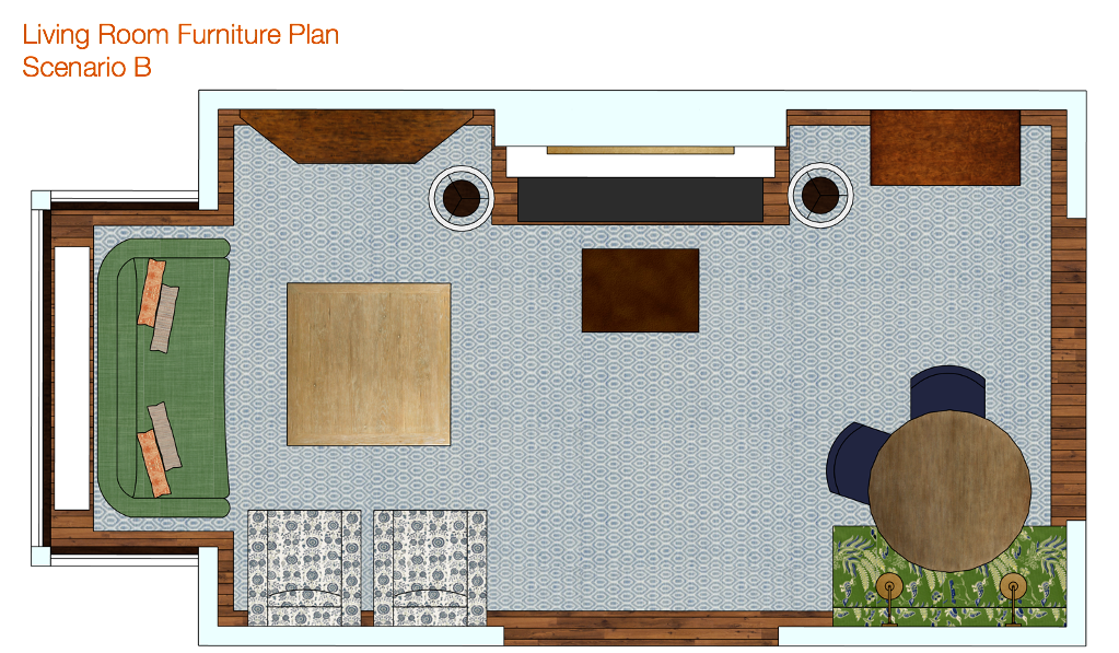 Floor plan of living room seating arrangement with one sofa and two chairs and dining nook
