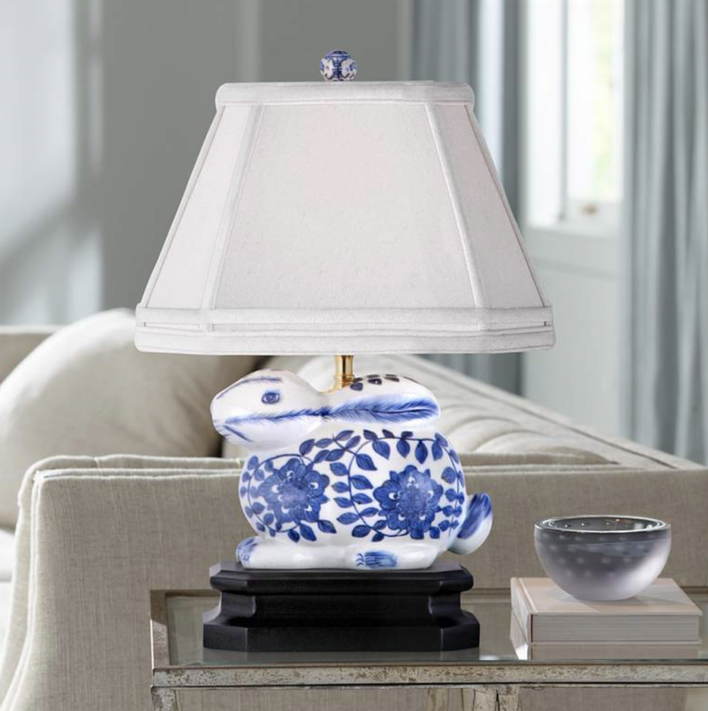 Blue and white porcelain lamp with rabbit-shaped base