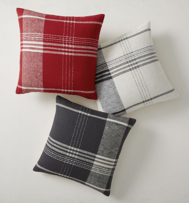 Red, charcoal gray and white plaid pillows 