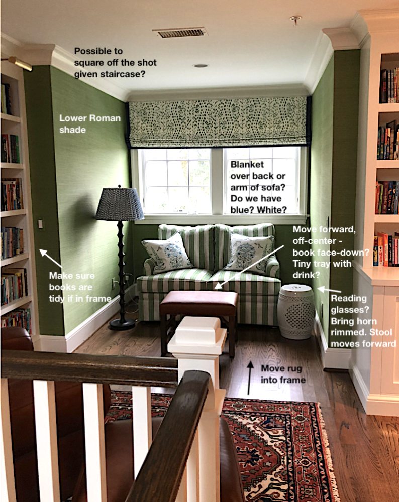 Striped loveseat in bay window