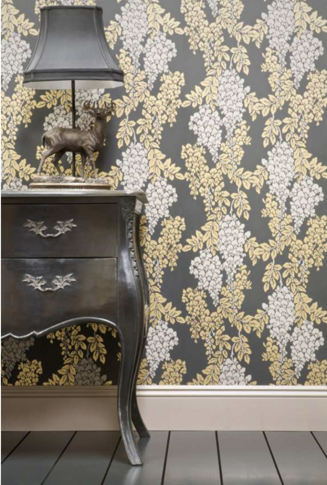 Farrow & Ball Wisteria floral wallpaper in black and yellow