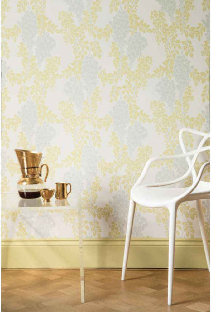Farrow & Ball Wisteria floral wallpaper in yellow and white