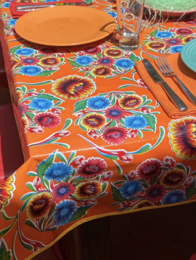 Bright orange floral outdoor tablecloth