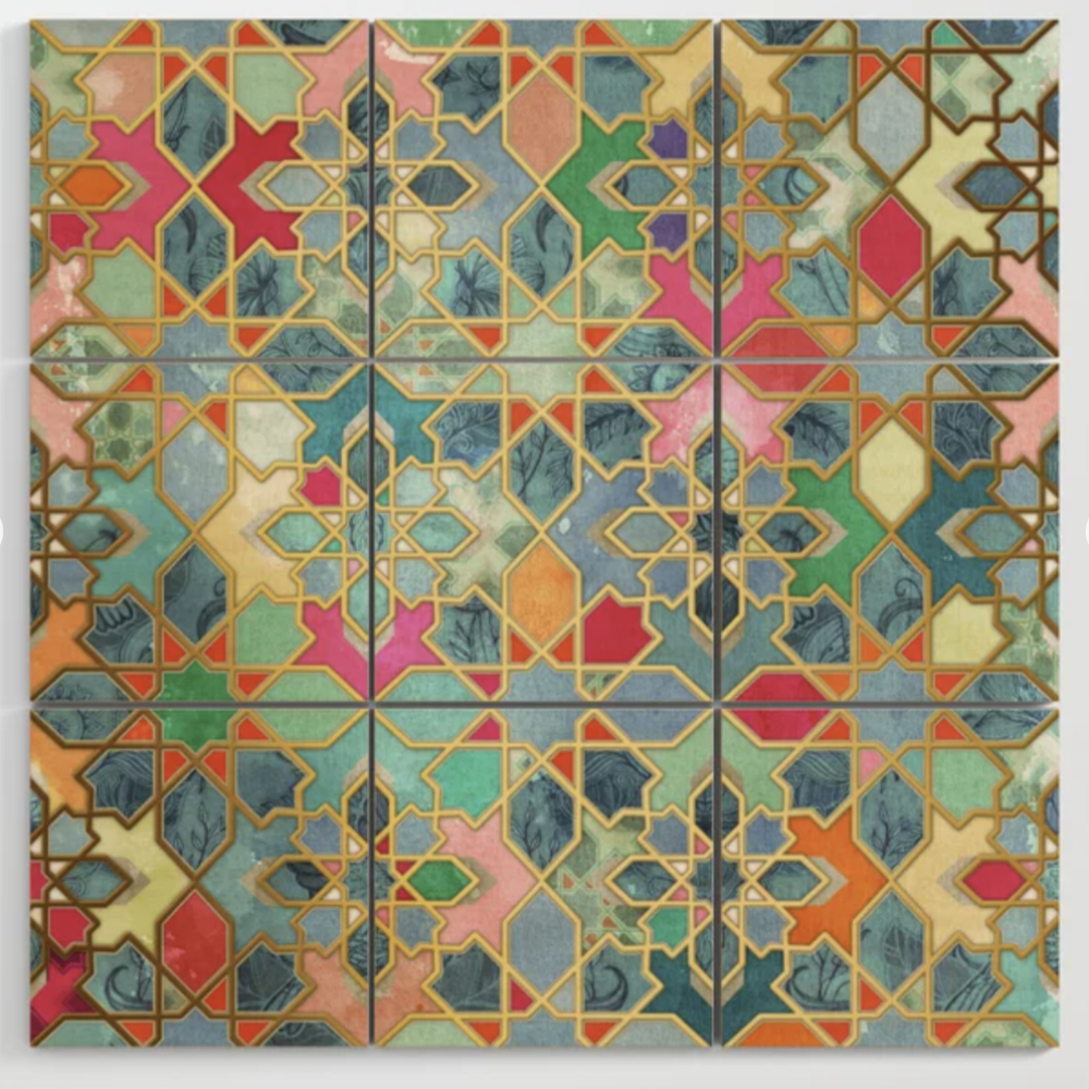 Wooden art painted to look like Moroccan tile
